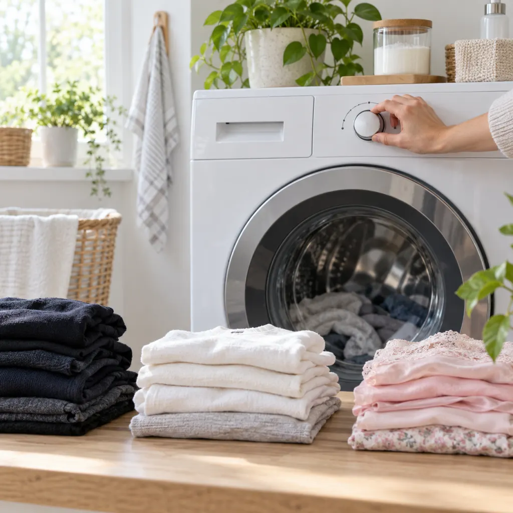 A washing machine with sorted laundry and a hand choosing a cooler wash setting.