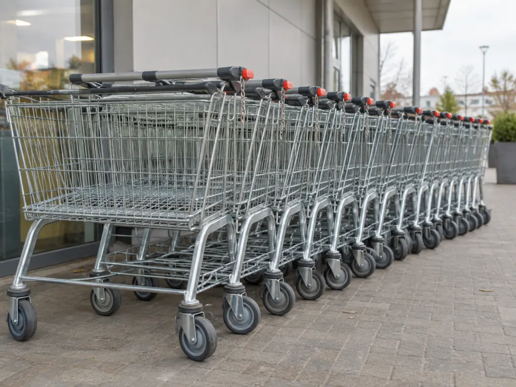 A neat row of connected shopping carts waits near a grocery store entrance.