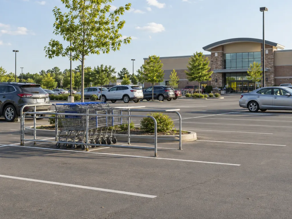 Shopping carts are gathered in a parking lot cart corral with spaces clear nearby.