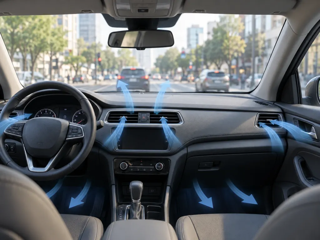 Interior car view with vents and traffic outside illustrating cabin airflow.