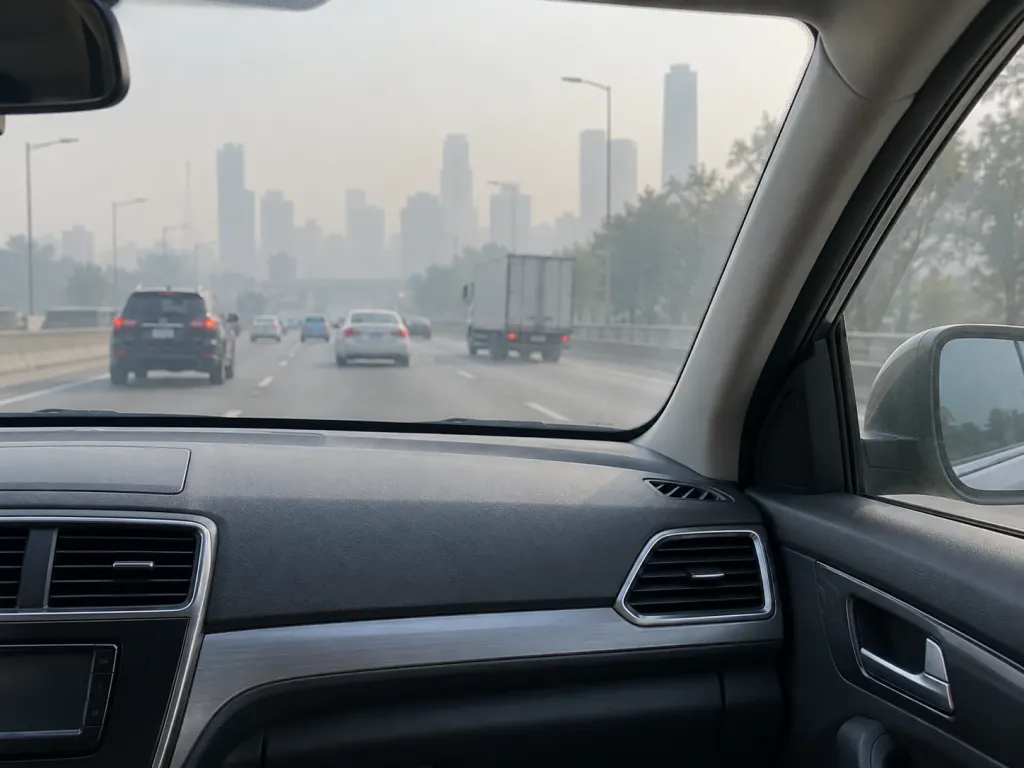Car interior with closed windows while smoky traffic remains outside.