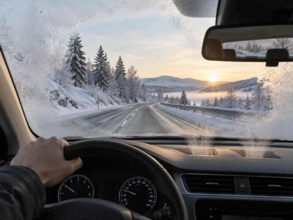 Car windshield with light fog near the edges and defroster vents below.
