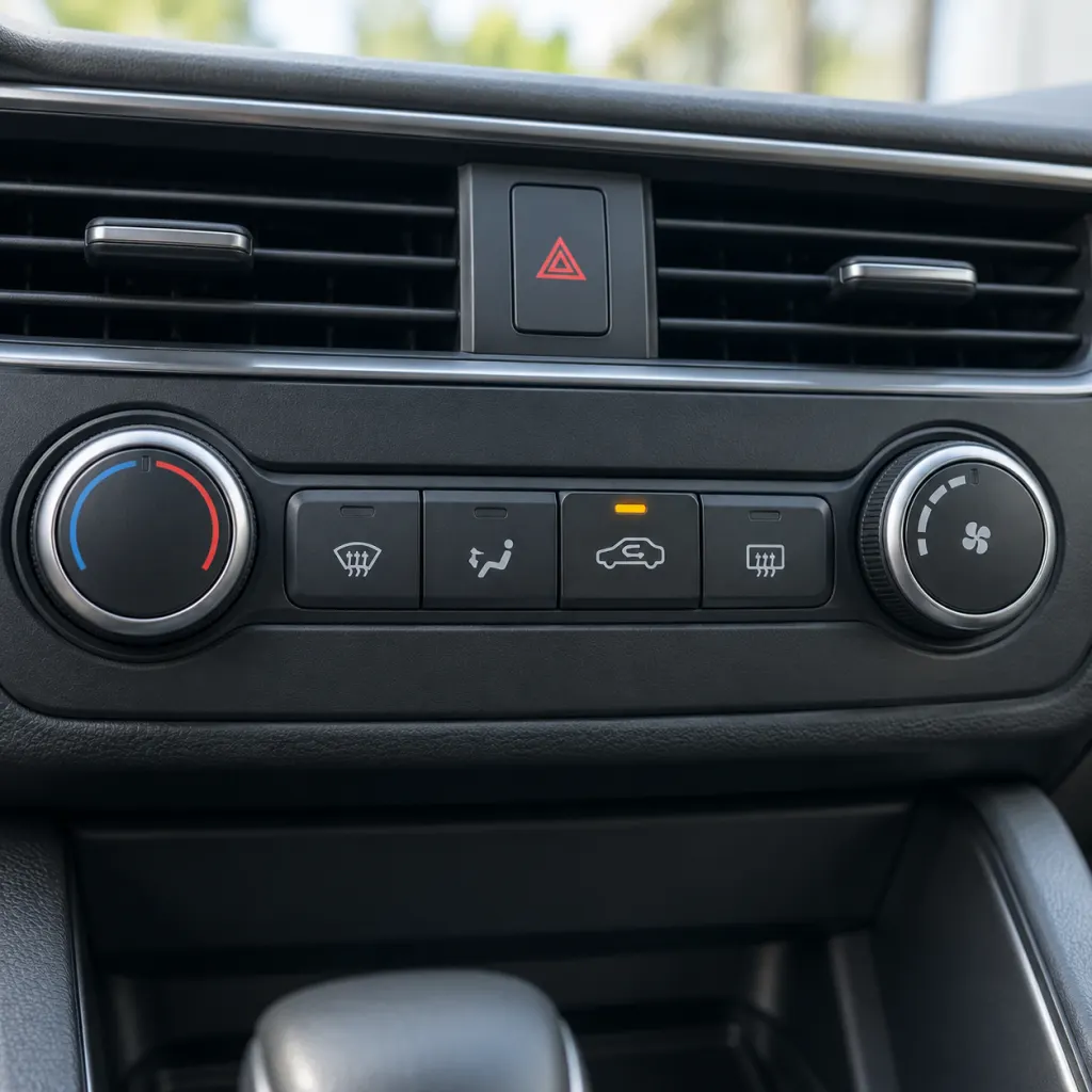 Close-up of a car climate control panel showing the recirculation button area.