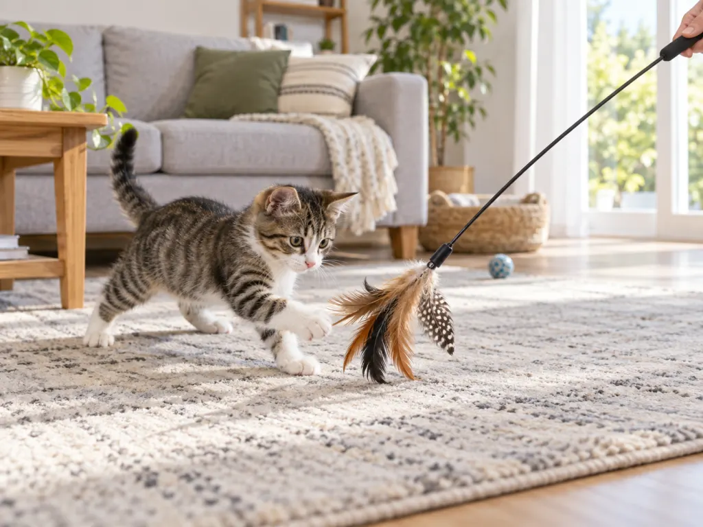 A young cat chasing a feather wand toy held safely away from hands.