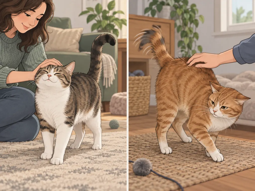 An educational illustration comparing relaxed and overstimulated cat body posture.