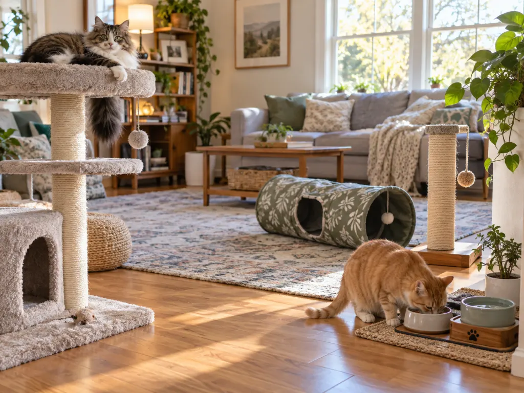 Two cats calmly using separate areas in an enriched indoor home.