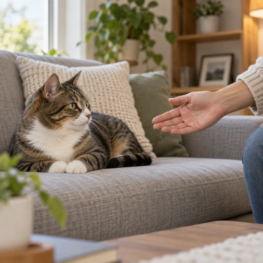 A calm cat sitting near an open hand with space between them on a sofa.
