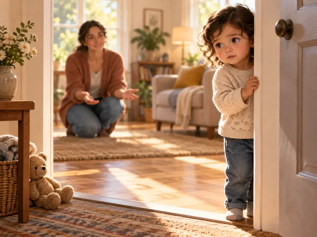 A young child standing at a doorway looking inward while a calm adult figure waits at a distance, illustrating early attachment and emotional availability