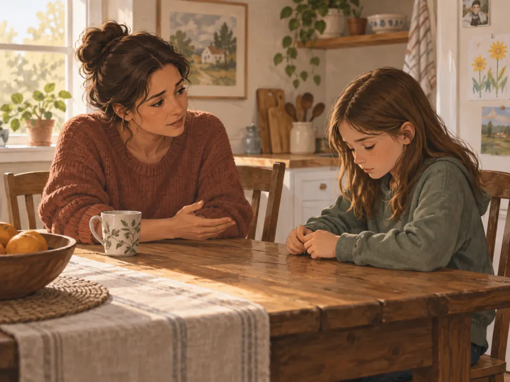 A parent and child sitting at a kitchen table with the child looking away, depicting a quiet moment of emotional disconnection in a domestic setting