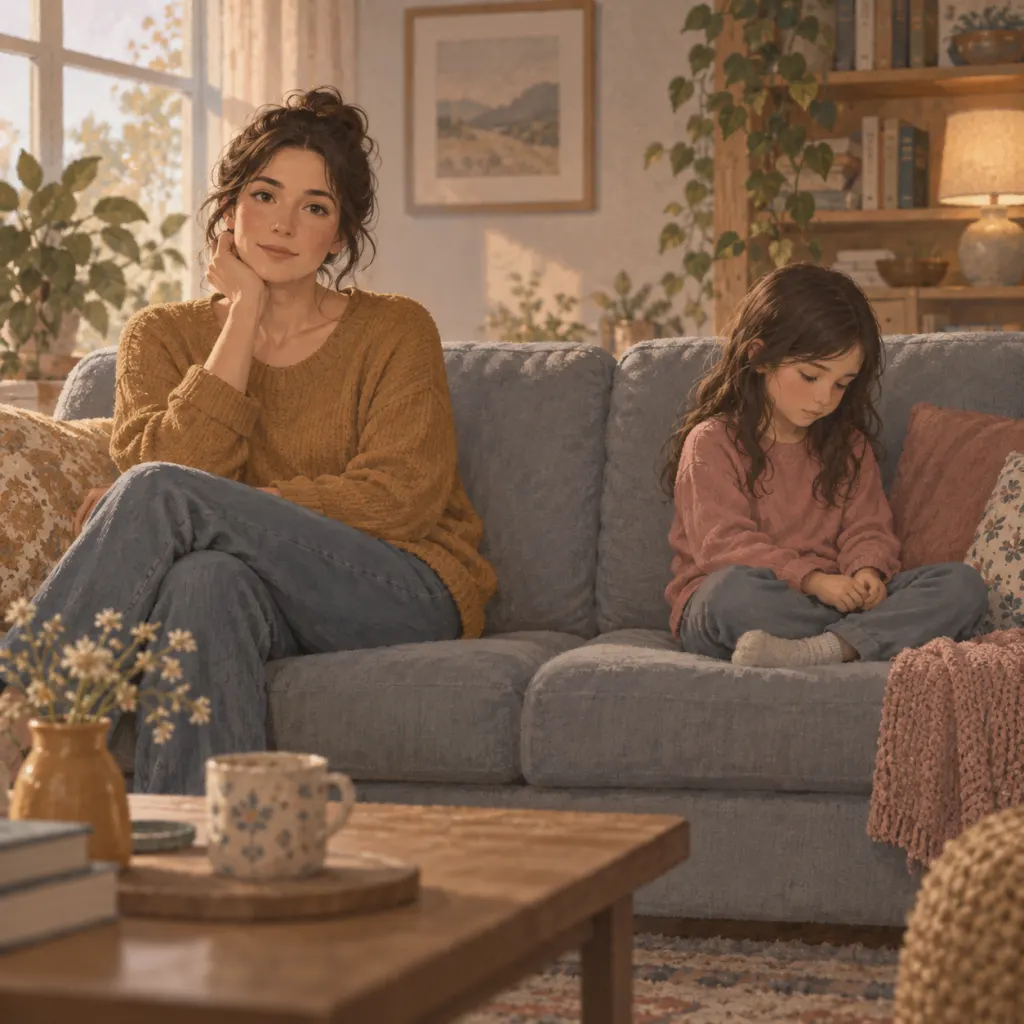 A mother and child sitting together on a couch with a quiet emotional gap between them, illustrated in warm muted tones
