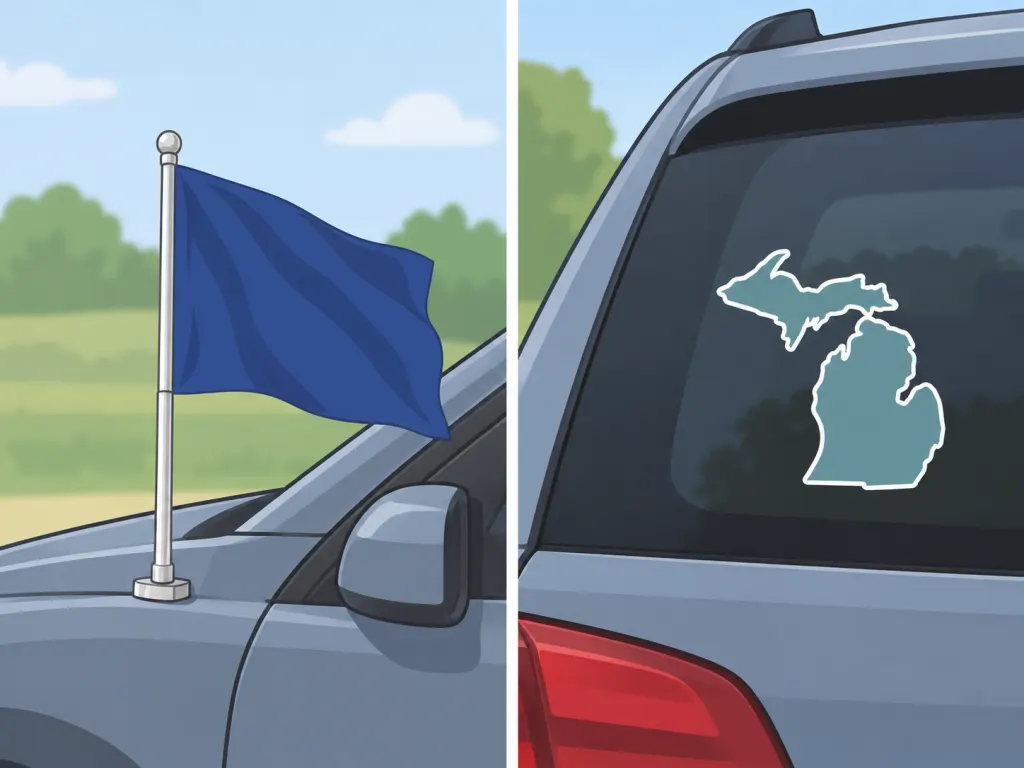 Illustration showing a cloth flag and a separate state-outline sticker on a vehicle.