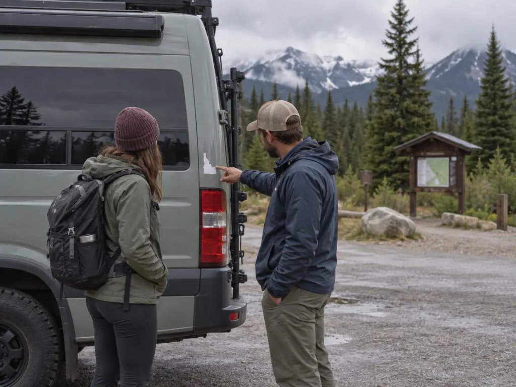 Two people beside a camper van discussing a small upside-down state outline decal.