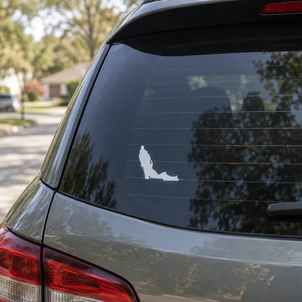 A car rear window with a small upside-down state outline decal.