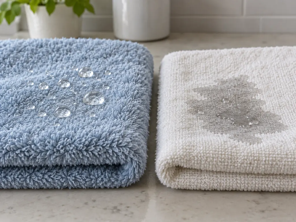 Two towels shown with water droplets to illustrate absorbency differences.