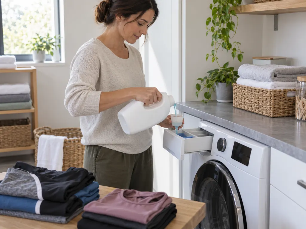 A measured laundry product being added to a washer dispenser with sorted laundry nearby.