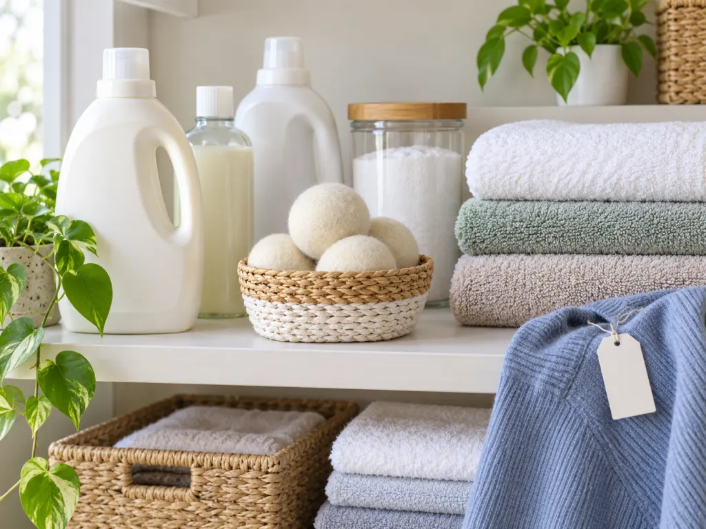 Fragrance-free laundry supplies and folded towels arranged as fabric softener alternatives.