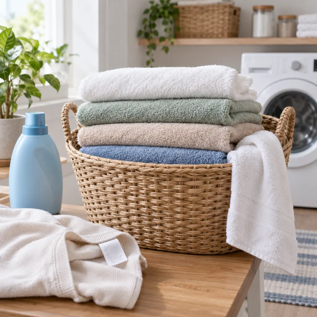 Clean towels and clothing beside a set-aside fabric softener bottle in a bright laundry room.