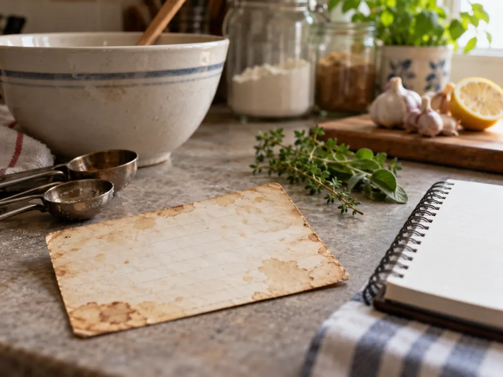 An old recipe card sits beside a notebook, measuring spoons, herbs, and a mixing bowl.