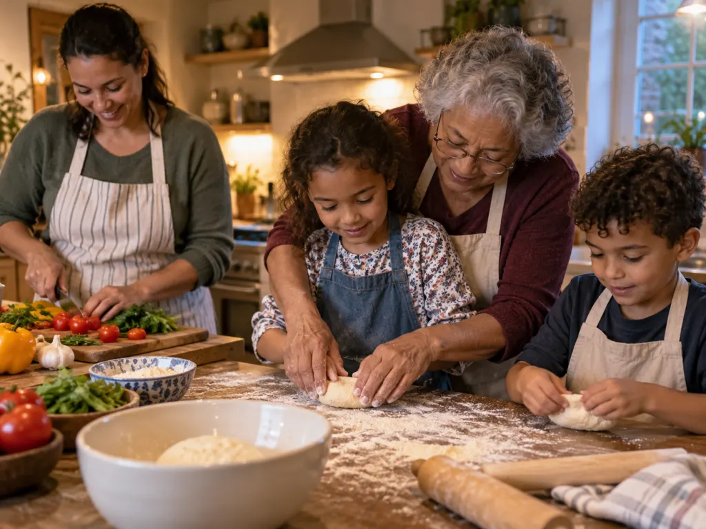 Family members cook together at a counter while an older adult guides younger hands shaping dough.