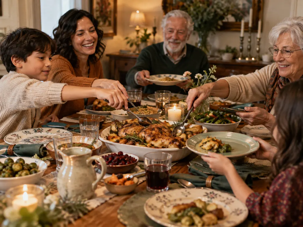 Hands serve a shared family dish at a warmly set table with mismatched plates.