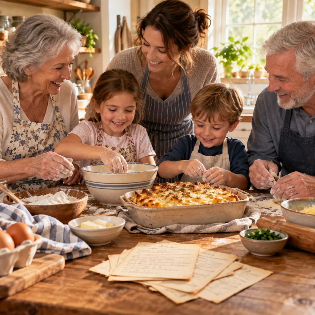 Several generations gather around a kitchen table with recipe cards and a finished family dish.
