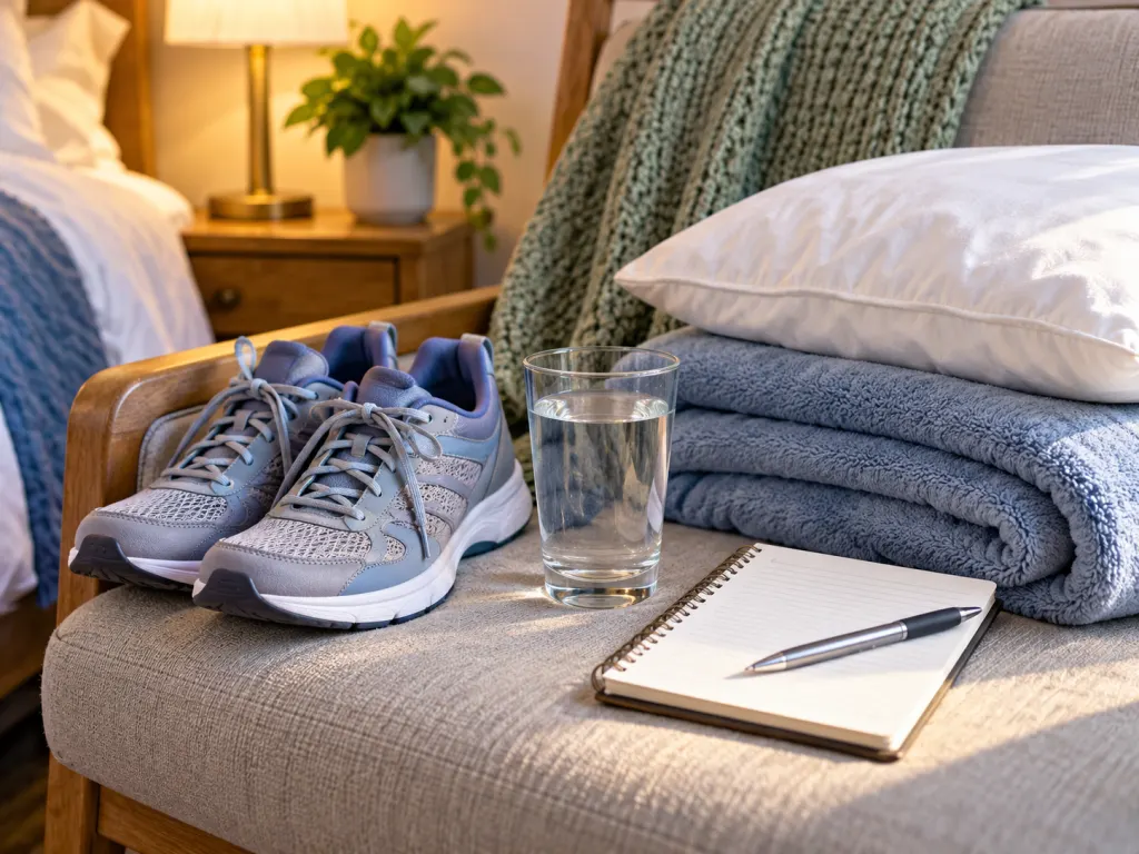 Supportive shoes, a water glass, bedding, and a notebook arranged as everyday foot cramp context.
