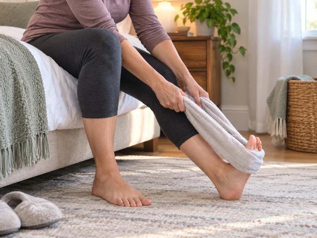 A person gently stretching the foot and calf while seated beside a bed.