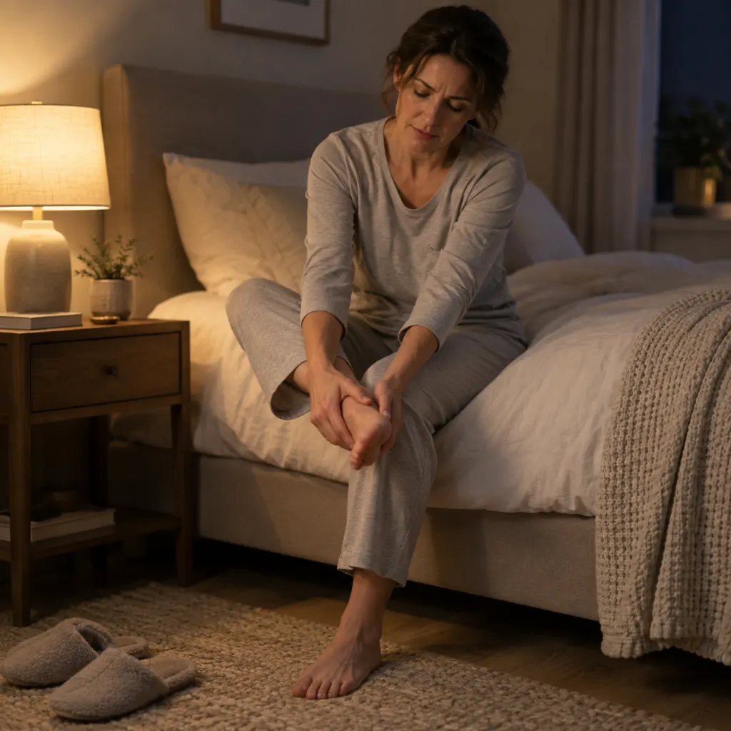 A person sitting on the edge of a bed gently holding one foot in soft night lighting.