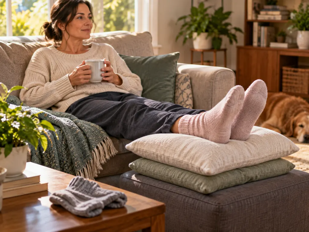 Person resting with feet elevated on pillows in a calm home setting.