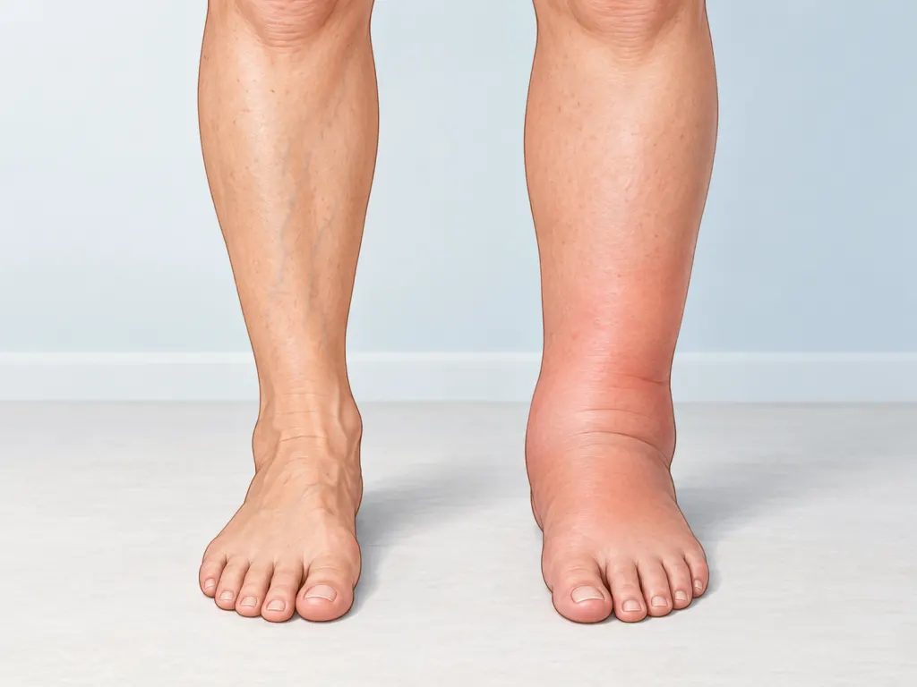 Educational illustration showing one ankle more swollen than the other.