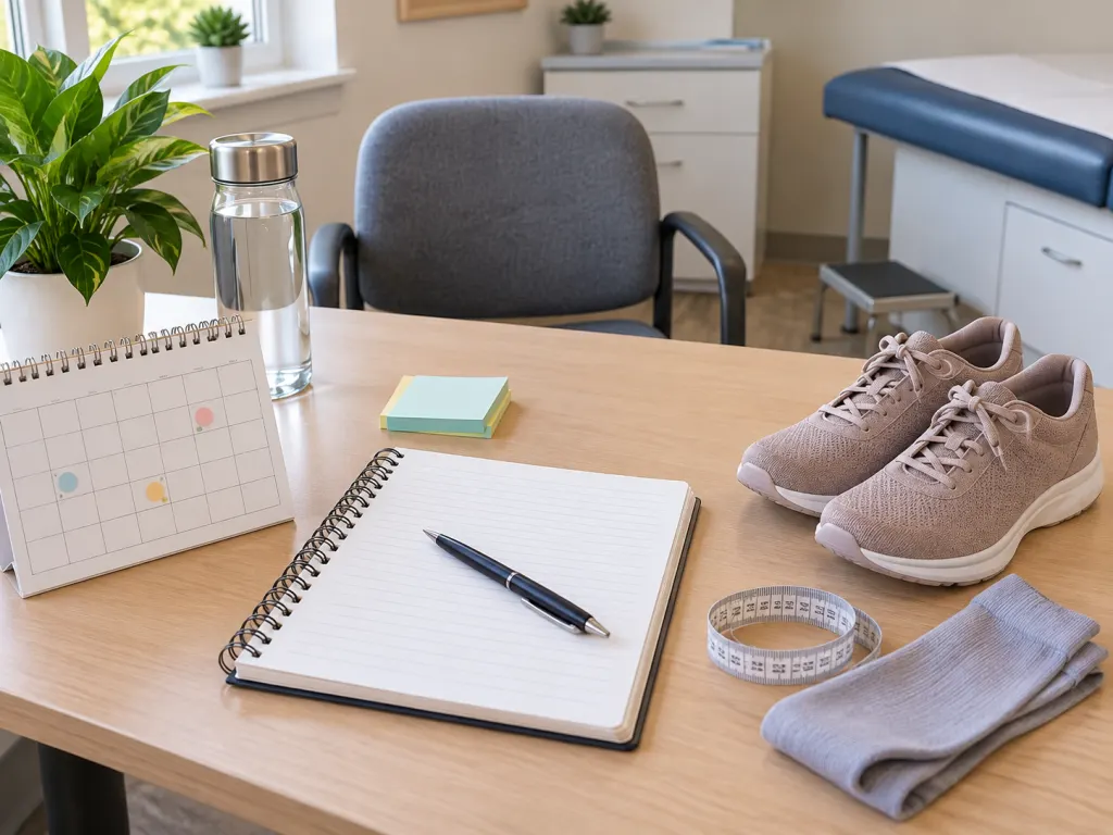 Notebook and comfortable shoes arranged to suggest tracking foot swelling patterns.