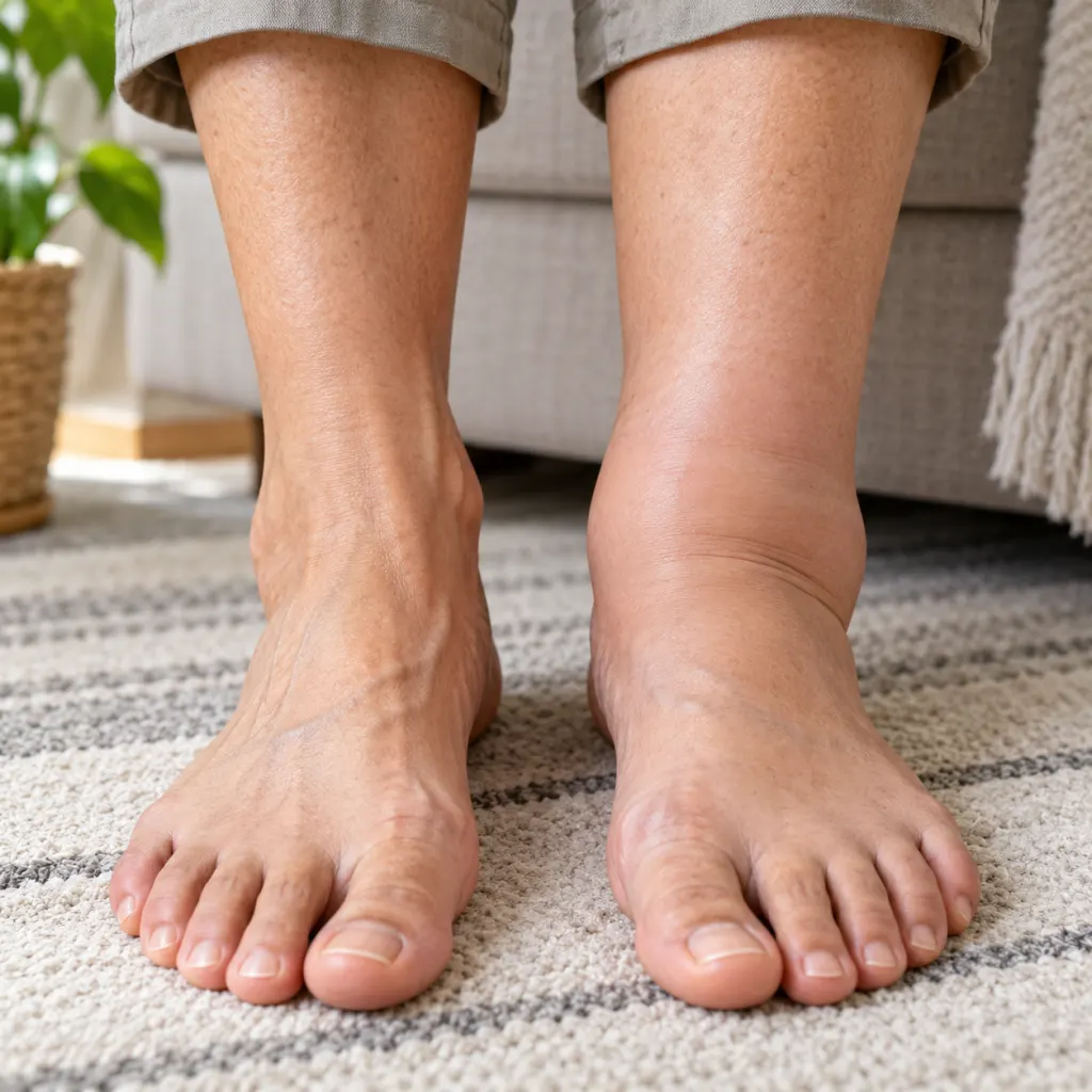 Illustration of mildly swollen ankles and feet resting calmly on a neutral surface.