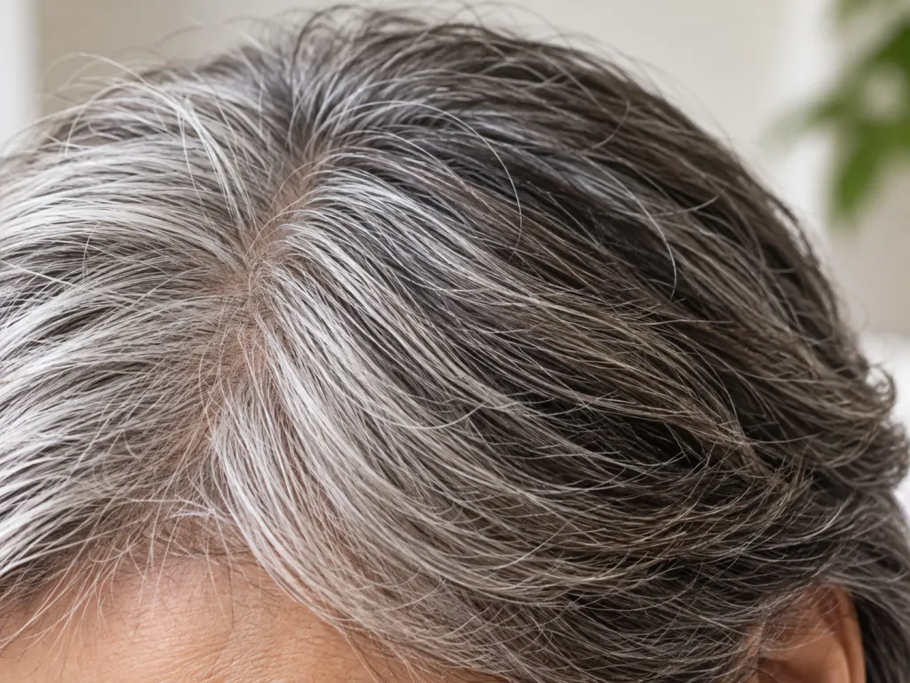 Close view of naturally gray and dark hair strands in soft light.