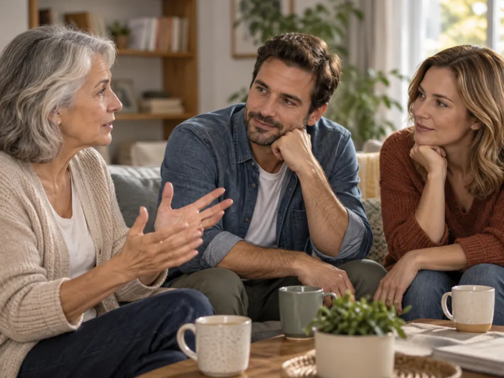 Adults in conversation with one person wearing visible gray hair.