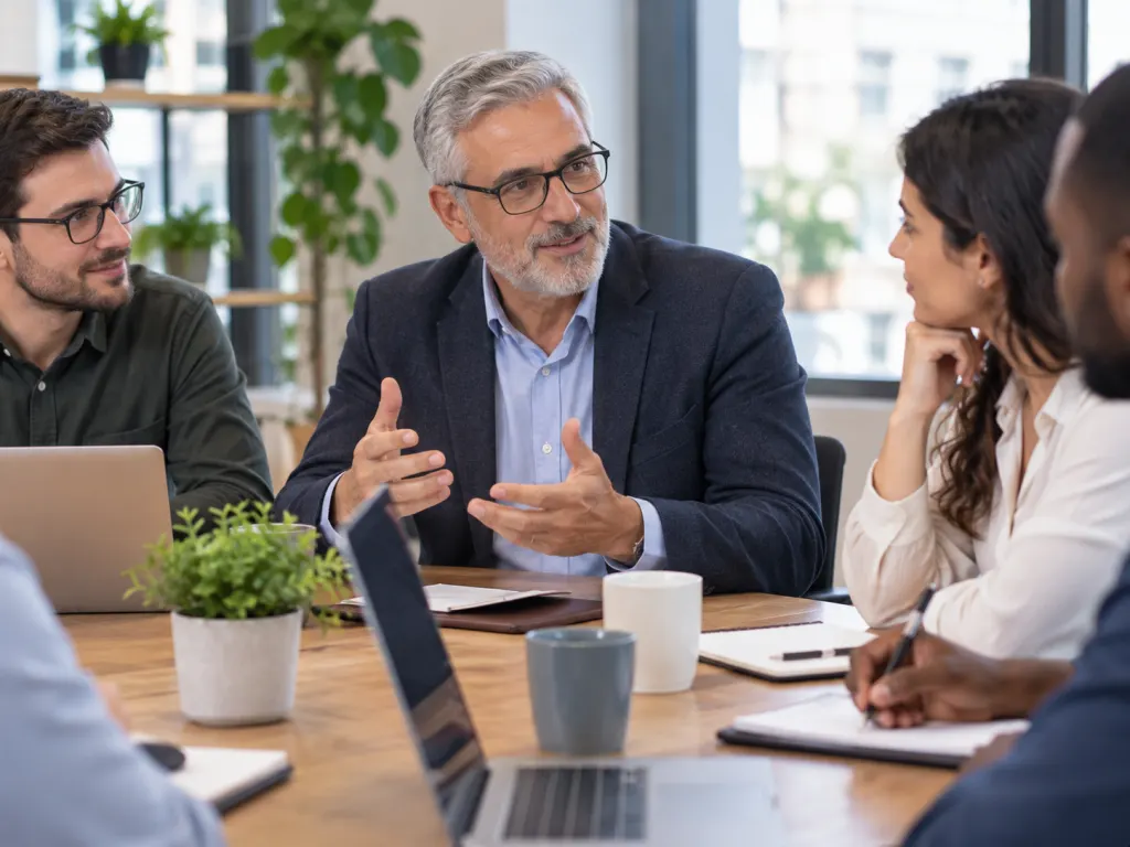 Professional with gray hair participating confidently in a workplace meeting.