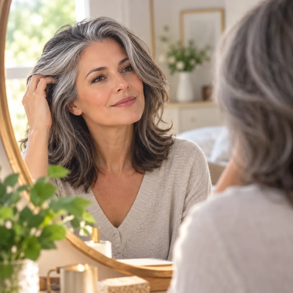 Adult with naturally blended gray hair looking calmly into a mirror.