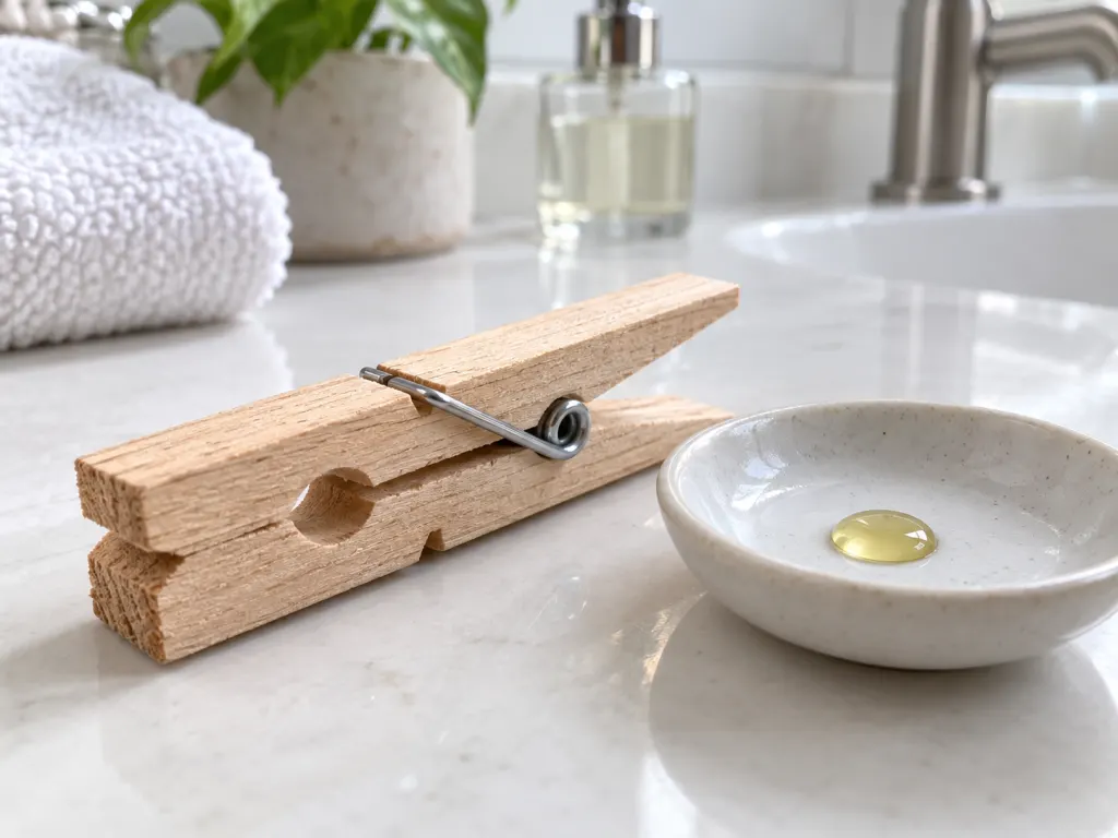 Close-up of a wooden clothespin and a small droplet of oil on a dish.