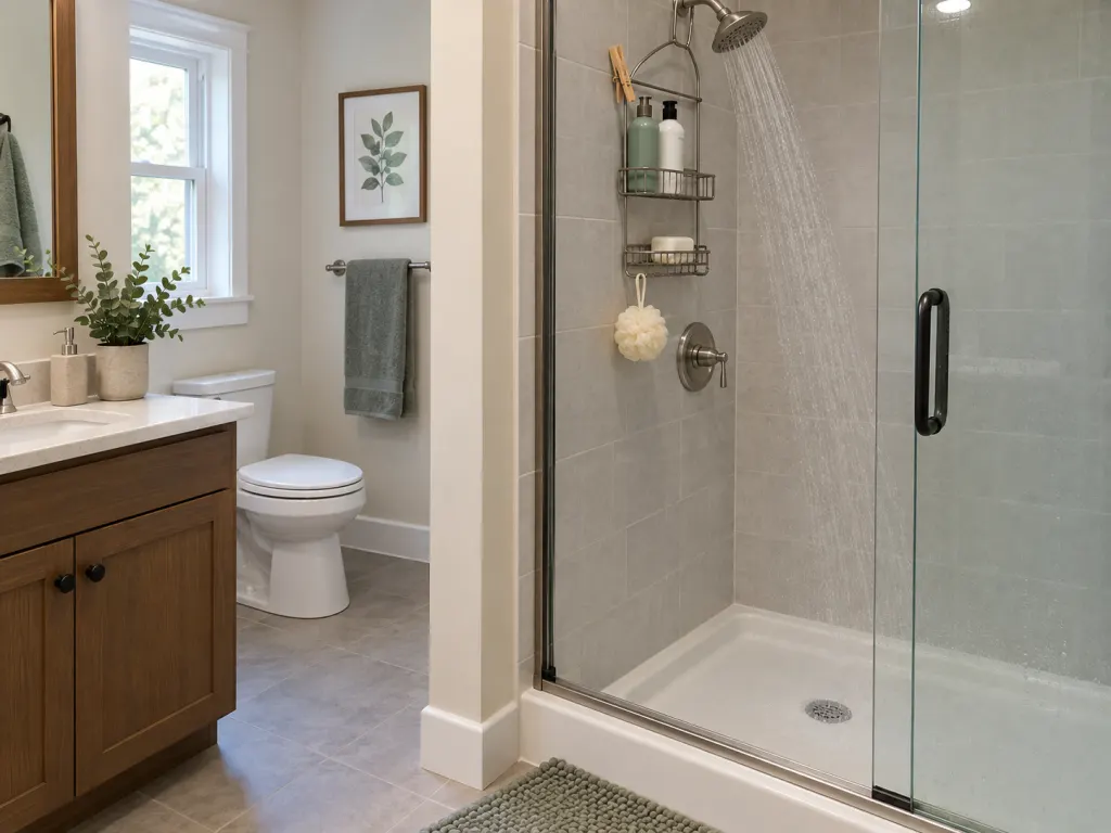 A clothespin clipped securely away from the shower spray with the floor kept clear.