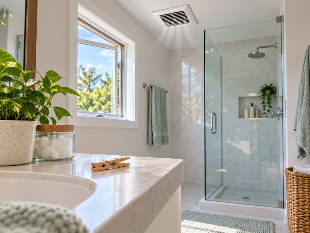 A ventilated bathroom with a dry shower area and a clothespin placed outside the spray zone.