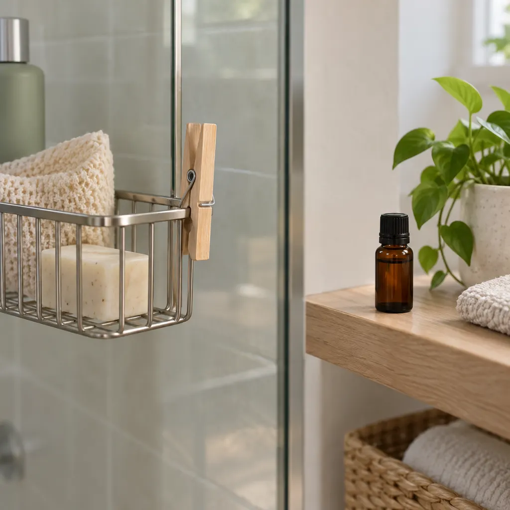 A wooden clothespin clipped near a shower with an essential oil bottle on a dry shelf.