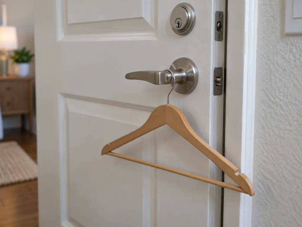 Close-up of a hanger balanced loosely on a door handle beside a lock.