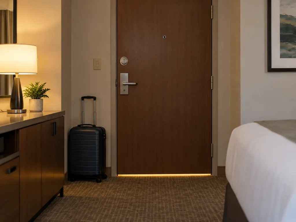 A hotel room door with visible lock hardware and a suitcase nearby.