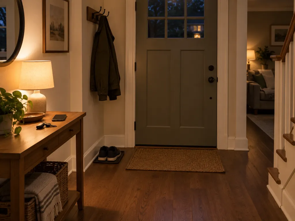 A tidy home entryway at night with keys, shoes, and a closed door.