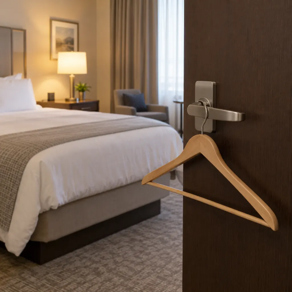 A loose wooden hanger resting on the inside handle of a hotel room door.