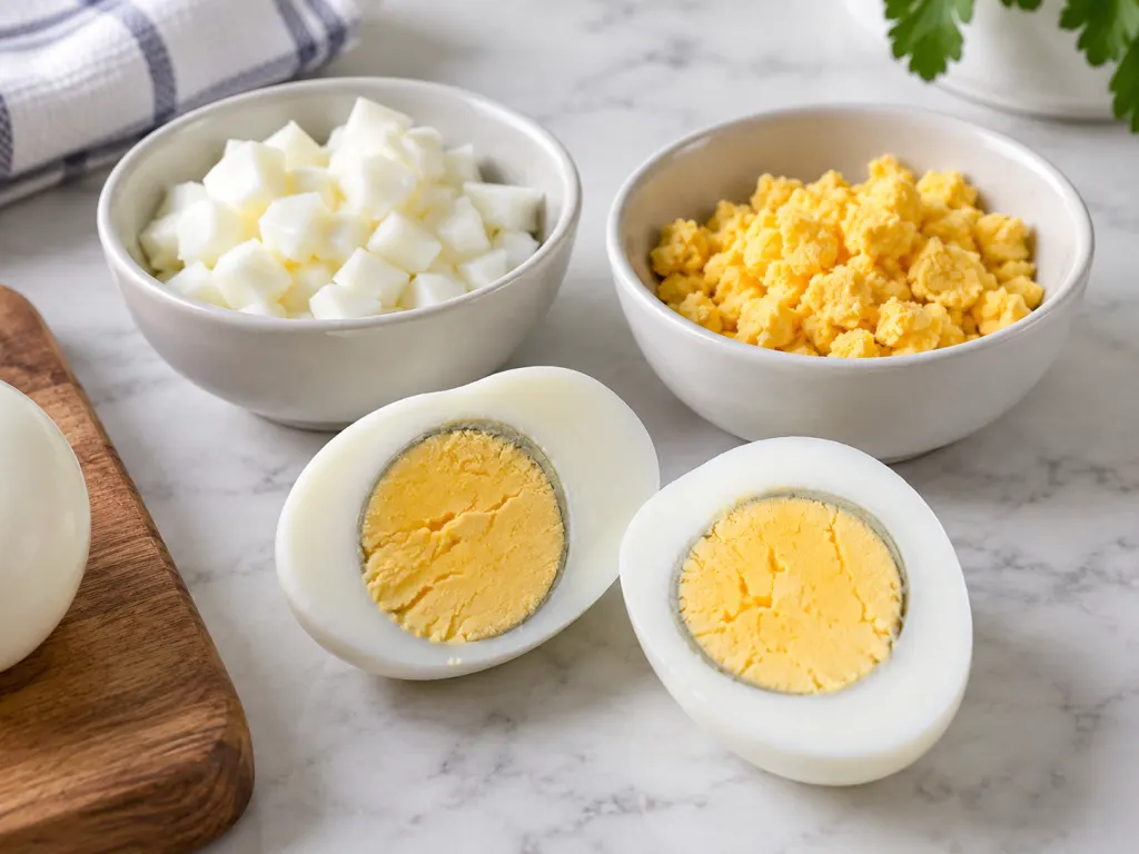 A sliced hard-boiled egg arranged to show the boundary between white and yolk.