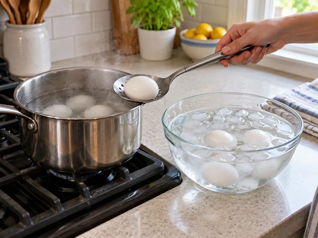 Cooked eggs being moved from a saucepan into ice water to cool quickly.