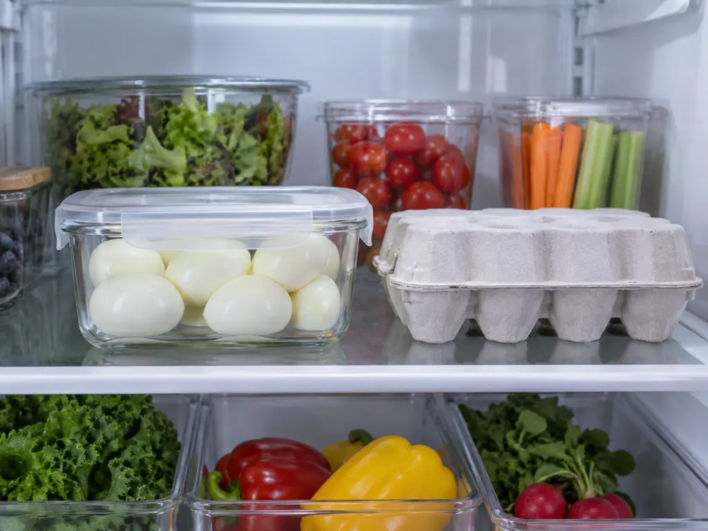 Hard-cooked eggs stored in a covered container inside a refrigerator.