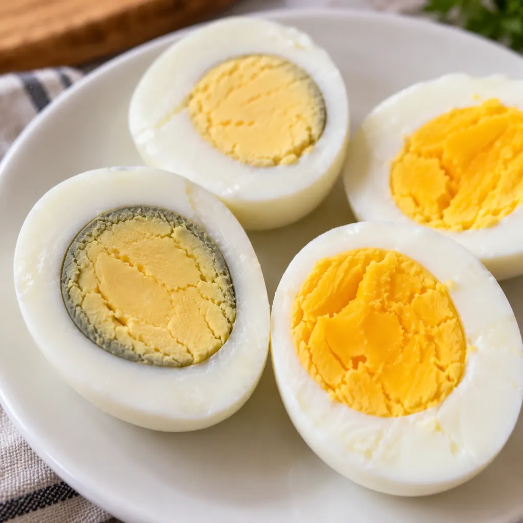 Hard-boiled egg halves showing a subtle green ring around one yolk.