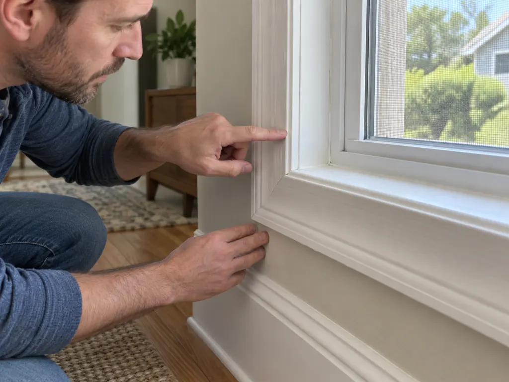 A person inspecting a window frame and wall trim for possible insect entry gaps.