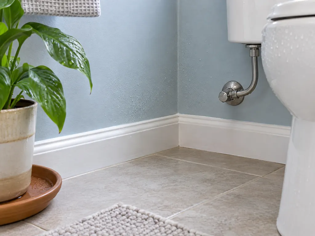 A clean bathroom wall area with moisture clues near a pipe and plant saucer.
